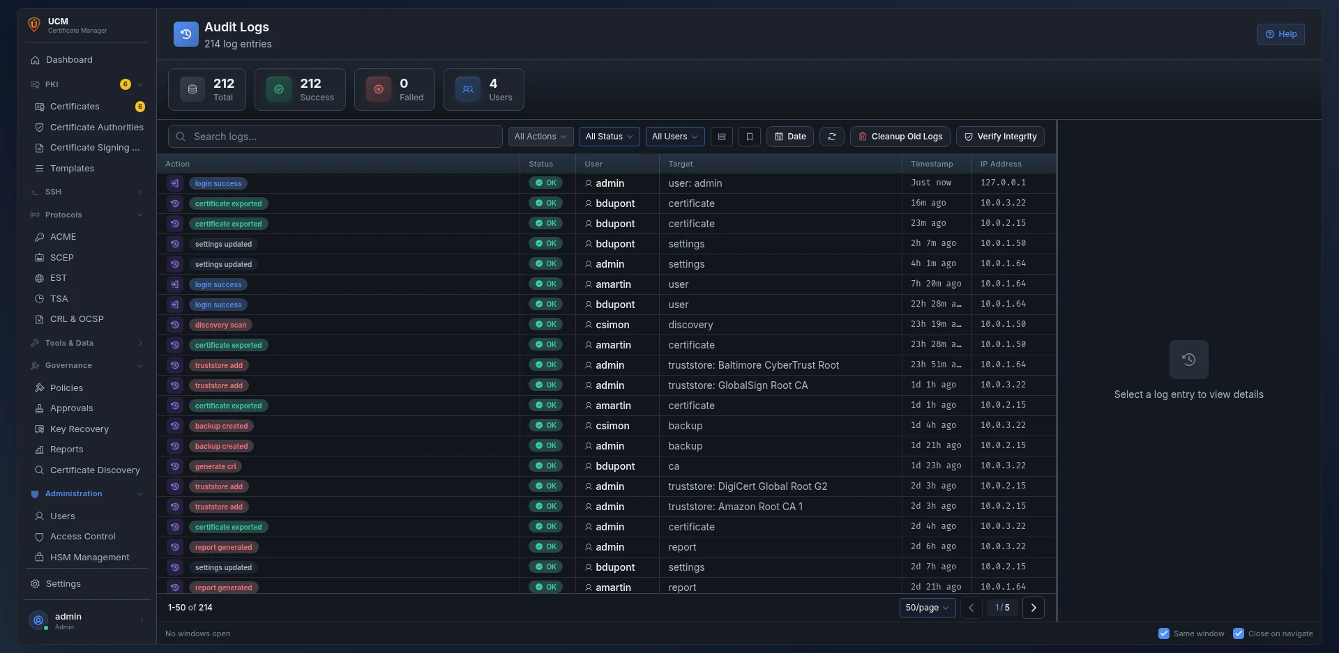 Audit trail with per-entry action, user, target, timestamp and source address, and an integrity check