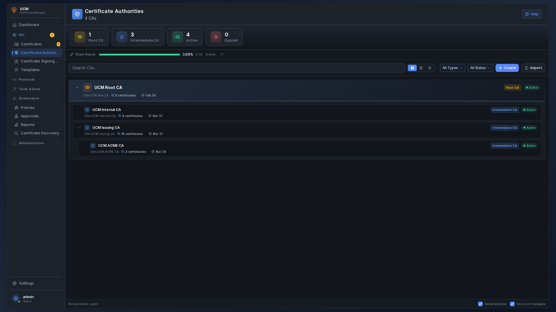 CA hierarchy view — Root and Intermediate authorities with chain info