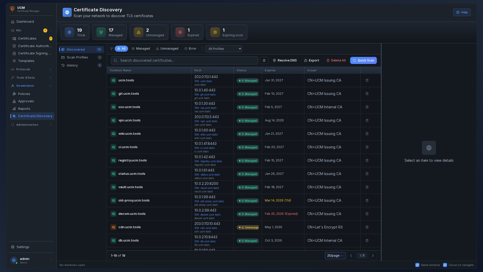 Certificate discovery scan results with host details and management status