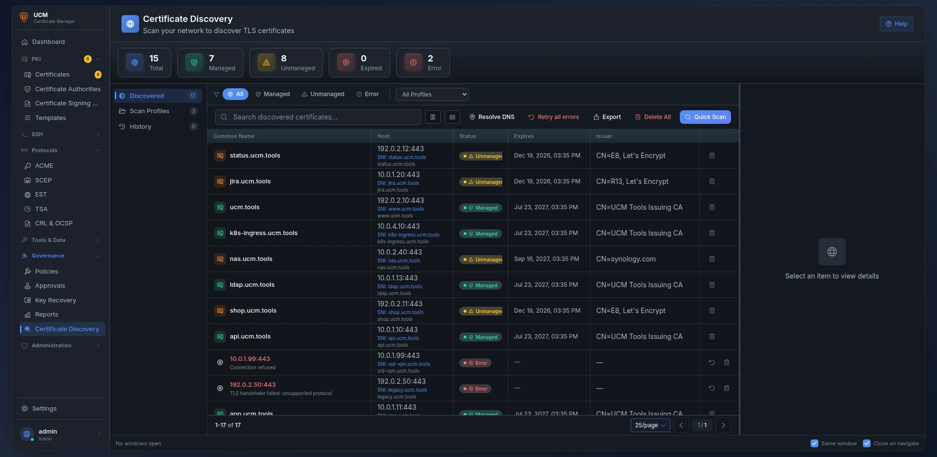 Discovery scan results: hosts, issuers, managed and unmanaged certificates, unreachable targets