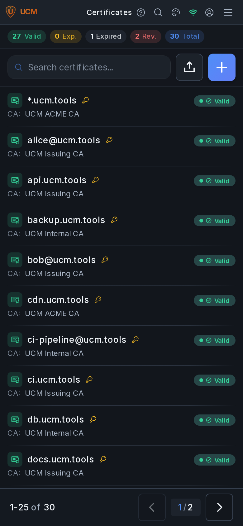 Mobile certificate list with status and search