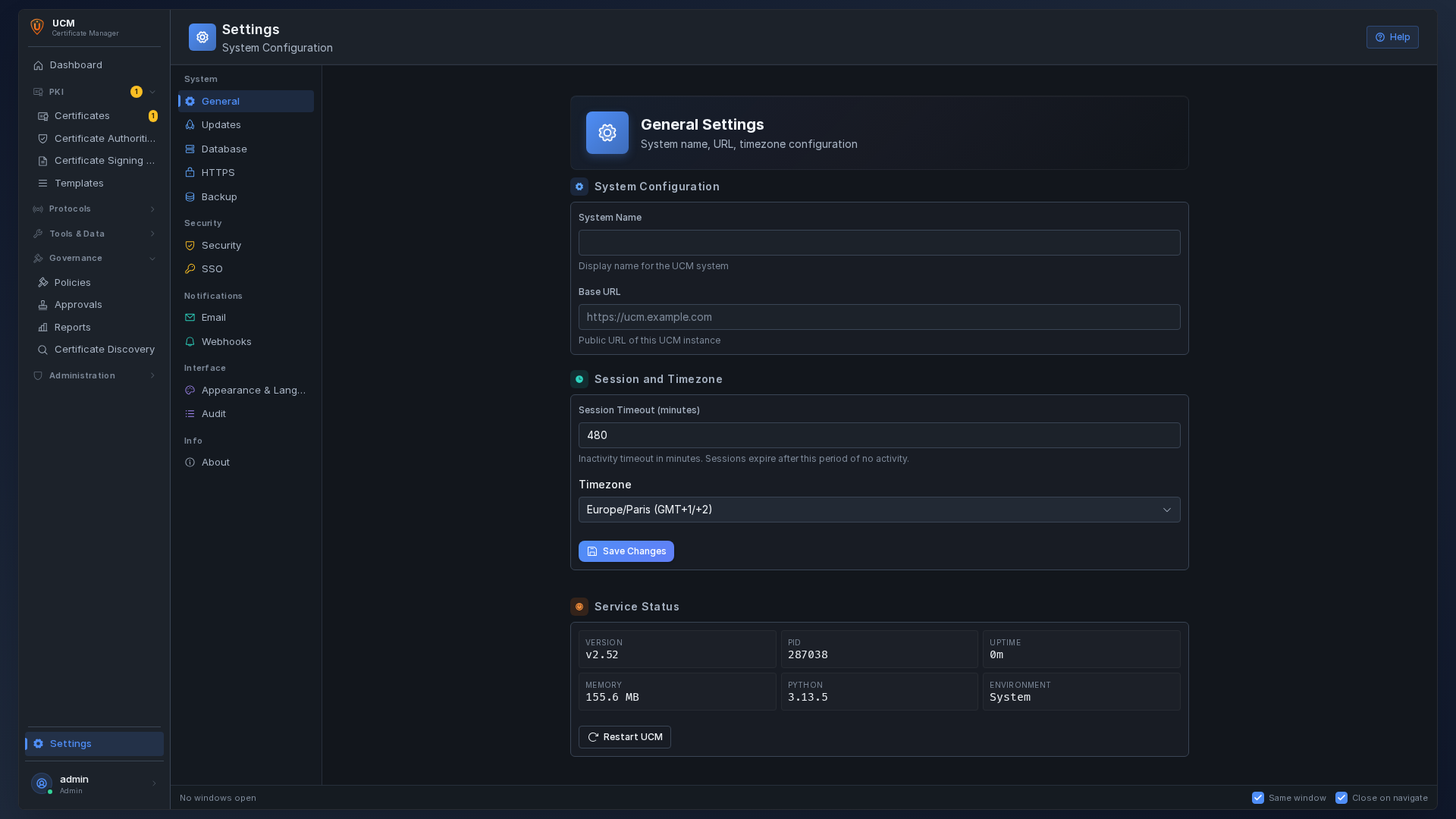 System settings — security, protocols, SMTP, and service configuration