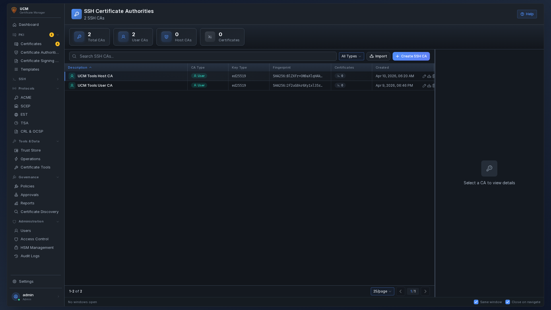 SSH CA management — create, import, and manage SSH certificate authorities